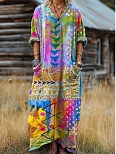 preiswerte Boho Kleid-Damen Maxikleid Sommerkleid A Linie Kleid Urlaub Lässig Boho Geburtstag Täglich Ferien Lässiger Schnitt Blumen Langarm V Ausschnitt Marineblau Leicht Braun Blau Violett Frühling Herbst