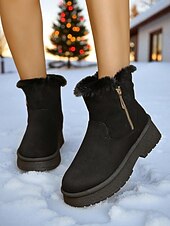 abordables Bottes de neige et d&#039;hiver-Bottes de neige décontractées en similicuir pour femme avec fermeture éclair latérale et bordure en fourrure – chaussures d&#039;hiver confortables et décontractées