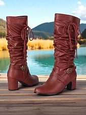 Недорогие Сапоги-слаучи-Женские коричневые сапоги из искусственной кожи с застежкой-молнией сбоку и ремешком с пряжкой, винтажные повседневные сапоги на блочном каблуке для осени, зимы, улицы и повседневной носки