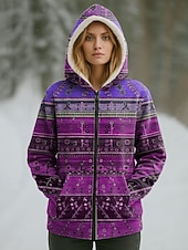 billiga Fleece-fodrade jackor-Kvinnors vinterjacka varm dragkedja ficka tryck avslappnad blommig avslappnad vanlig huva vanlig passform lång ärm ytterkläder rosa blå lila höst vinter