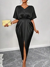abordables Robe de cocktail-Femmes Robe Longue Maxi Robe Robe de Soirée Robe de Cocktail Robe en Satin Élégant Moderne Soirée Coupe régulière Uni Manche Courte Col en V Noir Jaune Bleu Roi Vert foncé Automne Hiver