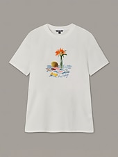 billige T-skjorter-Dame T-skjorte med blomstertrykk i bomull, hvit, kortermet, avslappet topp med rund hals, til hverdagsbruk