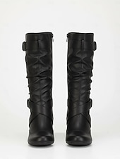 olcso Slouch Boots-női térdig érő csizma csatos pántokkal és enyhe kialakítással, középső sarokkal és sokoldalú stílussal hétköznapi és esti viselethez