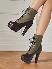 baratos Botas com salto-Botas femininas de salto alto com cadarço cor de vinho – botinhas plataforma estilo brogue vintage com painel de lona para festa e moda de outono