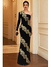 preiswerte Meerjungfrau Abendkleider-schwarz-goldenes geblümtes Meerjungfrau-/Trompeten-Abendkleid, elegantes Abendkleid, formelle Hochzeit, bodenlang, langärmlig, eine Schulter, Spitze mit Perlenapplikationen 2025