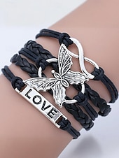 baratos Pulseira Feminina-Pulseira feminina de Natal multicamadas com pingente de borboleta e amor, joias trançadas ajustáveis em várias cores para festas de fim de ano e presentes