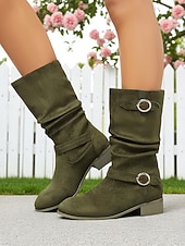 ieftine Cizme Slouch-Ghete largi pentru femei cu barete cu cataramă până la jumătatea gambei – ghete de iarnă în stil vintage din piele întoarsă pentru ținute casual și modă de toamnă