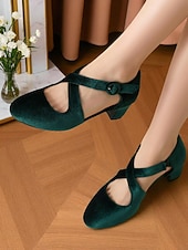  Groene fluwelen Mary Jane-pumps voor dames – retroschoenen met kruisbandjes en blokhak uit de jaren 50 voor Gatsby-feesten, cocktails en formele evenementen