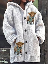 billige 3D Cardigan-Dame Genser Kofte Fritid Myk Grafisk Riflet Med hette Lomme Knapper Strikket Langermet Lange topper Strikke utendørs Daglig Helg Hvit Blå Høst Vinter