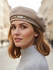 preiswerte Hüte für Damen-Damen-Barettmütze aus Polyester – stilvolle französische Malermütze mit Schnallendekor, lässige Vintage-Zeitungsjungenmütze für Herbst-Winter-Streetwear