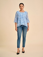 abordables chemises, hauts et chemisiers-Femmes Féminin Paisley Occasionnel Bleu Ciel Manche 3/4 Élégant Décontracté Quotidien Col ras du cou Été Printemps Automne