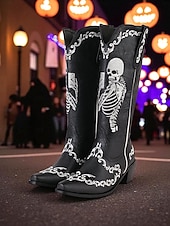 お買い得  女性向け-女性用ハロウィンスケルトン刺繍カウボーイブーツ - コスチュームパーティー、不気味なフェスティバル、夜のストリートスタイルに最適なゴシックウエスタンロングブーツ