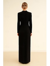 abordables Robes de soirée fourreau-Robe de soirée fourreau / colonne ornée de cristaux, cravate noire, élégante robe de soirée formelle, longueur au sol, manches longues, col haut avec cristaux 2025