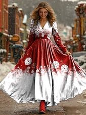 abordables Robes de Noël-Noël Femmes Robe maxi Robe Plissée Fête Occasionnel Boho Quotidien Date Sortir Coupe régulière Motif de flocon de neige manche longue Col en V Rouge Bleu Automne Hiver