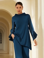 preiswerte Blusen-Dunkelblaue Chiffon-Modal-Slim-Fit-Bluse für Damen mit transparenten Ärmeln, elegant, leicht, atmungsaktiv, fürs Büro, Abendessen oder Date