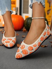 お買い得  女性向け-レディース ハロウィン ゴースト柄 ニット バレエ フラットシューズ - 休日やストリートスタイルにぴったりの軽量ポインテッドシューズ
