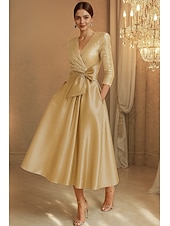 ieftine Rochii Cocktail-Linia -A Rochii de cocktail Elegant Rochie formală Oficial Nuntă Lungimea ceaiului Lungime Manșon 3/4 În V Satin întins cu Arc 2025