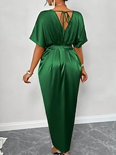 abordables Robe de cocktail-Femmes Robe Longue Maxi Robe Robe de Soirée Robe de Cocktail Robe en Satin Élégant Moderne Soirée Coupe régulière Uni Manche Courte Col en V Noir Jaune Bleu Roi Vert foncé Automne Hiver