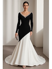 abordables Robes de Soirée Sirène-Robe de soirée sirène/trompette noire et blanche, élégante robe de soirée formelle, longueur au sol, manches longues, col en V, crêpe extensible avec plis, cristaux et perles, 2025