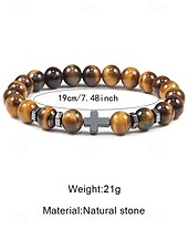 cheap Men's Jewelry-Men's Natural Stone Beaded Bracelet with Cross Charm, Adjustable Stretch Wristband, Spiritual Jewelry for Christmas Gift, Parties and Daily Wear