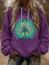 billige Grafisk butikk Sweatshirts &amp; Hettegensere-Dame Pullover Hettegensere Blomstret Årgang Gatemote Fritid Langermet Med hette Vanlige topper Hverdag Avslappet Sport Snorer Lomme Trykt mønster Blå Lilla Vår Høst
