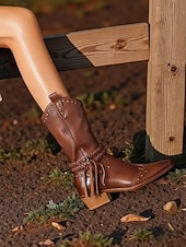 baratos Cowboy &amp; Western Boots-botas de cowboy femininas com tira trançada e detalhes de tachas, calçados estilosos para passeios casuais e eventos com tema western
