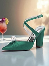 cheap Cocktail-Women&#039;s Blue Satin Block Heel Pumps with Pearl Detail and Ankle Strap - Elegant Pointed Toe Shoes for Formal Occasions and Cocktail Parties