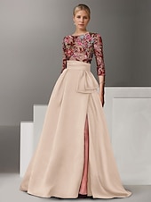 economico Abiti da Sera a Linea A-Abito da Sera A-Line Ricamato Floreale Elegante Formale Matrimonio Lungo Fino al Pavimento Mezza Manica Collo a Camicia di Satin con Fiocco(e) Spacco