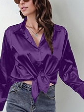  Mulheres Camisa Social Elegant Elegante Top de cetim Botões Côr Sólida à moda Casual Manga Longa Colarinho de Camisa Tops regulares Diário Para Noite Verde Claro Azul Céu Roxo Laranja Cáqui Primavera