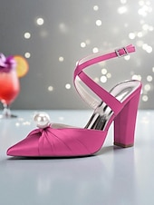 cheap Cocktail-Women&#039;s Blue Satin Block Heel Pumps with Pearl Detail and Ankle Strap - Elegant Pointed Toe Shoes for Formal Occasions and Cocktail Parties