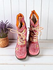 abordables Botas de combate-Botas de combate rojas con cordones a media pantorrilla para mujer con forro polar, estilo rústico vintage, cómodas botas hechas a mano para atuendos casuales y ropa de invierno al aire libre.