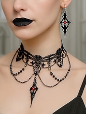 tanie Akcesoria Halloween-Zestaw damski naszyjnik i kolczyki w stylu gotyckim z koronką na Halloween – czarna koralikowa biżuteria wampirza na imprezę kostiumową i cosplay
