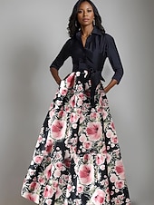 economico Lunghezza del pavimento-Abito madre della sposa A-Line abito elegante a righe floreali abito a camicia elegante con fiocco pieghe lungo fino al pavimento colletto a camicia in satin maniche 3/4 con bottoni primavera estate