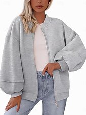 billiga casual jackor-Dam Vardaglig jacka Bekväm Andningsfunktion Dragkedja Ledigt Slät Semester Gata Ledigt Dagliga kläder Dragkedja Normal Hög krage Lös passning Långärmad Ytterkläder Svart Vit Rubinrött Vår Höst