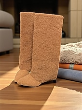 ieftine Cizme de zăpadă și iarnă-Cizme de damă până la genunchi, albe, din fleece, pantofi de iarnă călduroase și confortabili, cu vârful ascuțit, pentru ținute casual de oraș