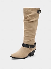 voordelige Slouch-laarzen-Paarse suède knielaarzen voor dames met gespen – western cowboystijl laarzen met blokhak voor herfstmode, Halloween-outfits en outdoor streetwear