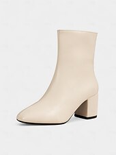 baratos Botas de tornozelo-Botas femininas brancas de couro sintético – botinhas estilosas com salto grosso e zíper lateral para looks casuais, de trabalho e do dia a dia