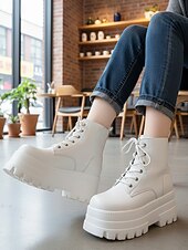 cheap Combat Boots-Women&#039;s White Platform Lace-Up Ankle Boots with Height Increasing Sole -Trendy Chunky Heel Fashion Boots for Casual and Streetwear
