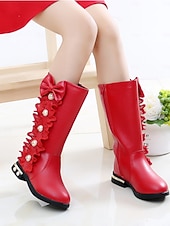voordelige Kinderlaarzen-Rode kniehoge laarzen voor meisjes met strik en kantversiering - elegante schoenen met parelknoop voor kerstfeestjes voor kinderen, vakantie-outfits