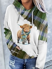 abordables Animaux Tops-Femmes Sweat à capuche Graphique Plaid Vache Occasionnel manche longue À capuche Hauts Réguliers Tenue de soirée Rue Tenue Quotidienne Violet Vert Printemps Automne Hiver