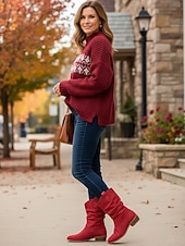 abordables Bottes souples-Bottes mi-mollet souples en faux daim rouge pour femmes avec talon bas et languettes de traction – chaussures d&#039;hiver et de vacances élégantes pour les tenues décontractées et Noël