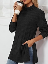 billiga Kvinnors Enfärgade Toppar-Dam Blus Ensfärgat Stylish Ledigt Långärmad Hög hals Långa toppar Dagligen Ficka Svart Rubinrött Blå Kaki Grå Vår Höst Vinter