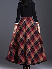 billige Formelle skjørt-Dame الالتفاف A-linje Elegant Mote Maksi Høy Midje Skjørt Ruter Lomme Trykt mønster Mikroelastisk Jul Gate Rød Blå Grønn Kakifarget Vår Polyester