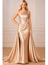 ieftine Rochii de seară pentru bal-Rochie de seară elegantă tip sirenă rochie pentru invitate la nuntă lungime până la podea fără mâneci pe un umăr satin elastic cu plii