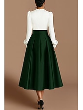 billiga Cocktailklänningar-A-linje Telång Cocktailklänningar Festklänningar Elegant Färgblock Silkig Långärmad V-hals Formell Bröllopsgäst Satäng med Veckad