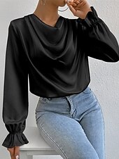 abordables Hauts habillés-Femmes Chemise Chemise en satin Uni Élégant Occasionnel manche longue Col Bénitier Hauts Réguliers Quotidien Sortir Drapé Noir Rose Claire Vert Abricot Printemps Automne