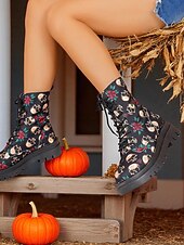 レディースハロウィンスカルプリントコンバットブーツ - ゴシックフェスティバルやコスプレパーティーにぴったりのバラ柄レースアップチャンキーソールアンクルブーツ お買い得  女性向け-レディースハロウィンスカルプリントコンバットブーツ - ゴシックフェスティバルやコスプレパーティーにぴったりのバラ柄レースアップチャンキーソールアンクルブーツ