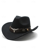 baratos Chapéus Femininos-Chapéu de cowboy masculino com faixa de cabeça de touro – chapéu fedora vintage de feltro com aba larga para rodeio, estilo ao ar livre e presente de Natal