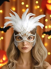 preiswerte Mode-Accessoires-Gatsby-Maskenballmaske für Damen mit Federn und Strasssteinen – elegantes Kostümzubehör für Halloween-Partys, Cocktail-Events und Bälle im Stil der 1920er Jahre