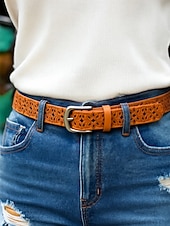 abordables Ceinture pour femme-Ceinture en cuir véritable pour femme – motif floral vintage sculpté avec boucle en métal, accessoire de taille rétro pour jeans, robes et tenues décontractées